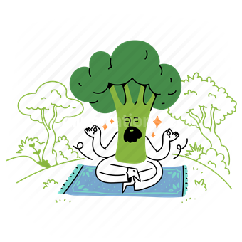 meditation, meditate, park, tree, broccoli, relax, relaxation